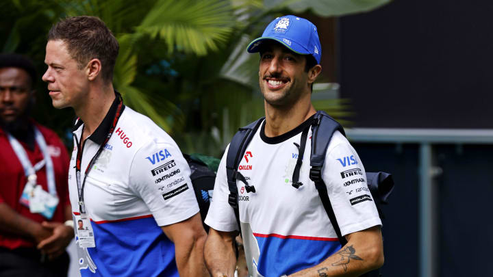 May 5, 2024; Miami Gardens, Florida, USA; RB driver Daniel Ricciardo (3) walks into the F1 Village before the F1 Miami Grand Prix at Miami International Autodrome. Mandatory Credit: Peter Casey-USA TODAY Sports
