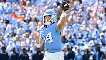 Oct 4, 2025; Chapel Hill, North Carolina, USA; North Carolina Tar Heels quarterback Max Johnson (14) looks to pass in the second quarter at Kenan Stadium. Mandatory Credit: Bob Donnan-Imagn Images