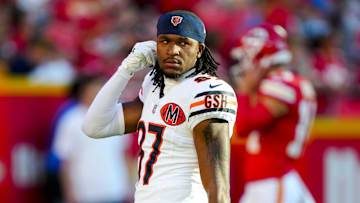 Aug 22, 2025; Kansas City, Missouri, USA; Chicago Bears wide receiver Luther Burden III (87) takes the field prior to a game against the Kansas City Chiefs at GEHA Field at Arrowhead Stadium. Mandatory Credit: Jay Biggerstaff-Imagn Images