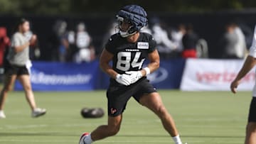 Jul 23, 2025; Houston, TX, USA;  Houston Texans wide receiver Justin Watson (84) during training camp at Houston Methodist Training Center.