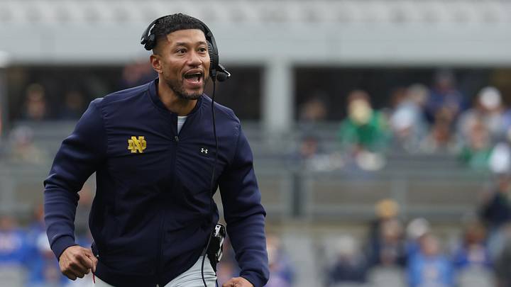 Nov 15, 2025; Pittsburgh, Pennsylvania, USA;  Notre Dame Fighting Irish head coach Marcus Freeman reacts after an Irish touchdown against the Pittsburgh Panthers during the second quarter at Acrisure Stadium. Mandatory Credit: Charles LeClaire-Imagn Images