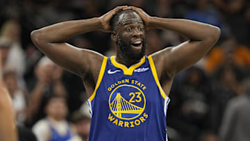 Nov 14, 2025; San Antonio, Texas, USA; Golden State Warriors forward Draymond Green (23) reacts after being called for a foul during the second half against the San Antonio Spurs at Frost Bank Center. Mandatory Credit: Scott Wachter-Imagn Images