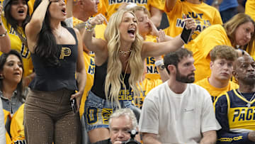 Jade Jones, girlfriend of Indiana Pacers guard Tyrese Haliburton, cheers during the 2025 NBA Finals against the Oklahoma City Thunder 