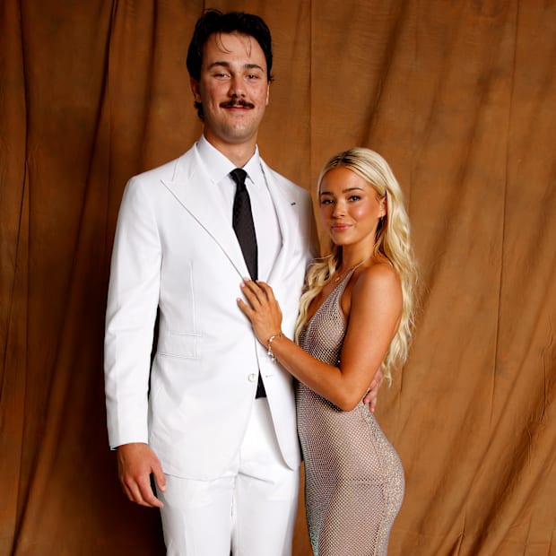 Olivia Dunne and Paul Skenes pose for a portrait during the 2024 Red Carpet Photo Shoot