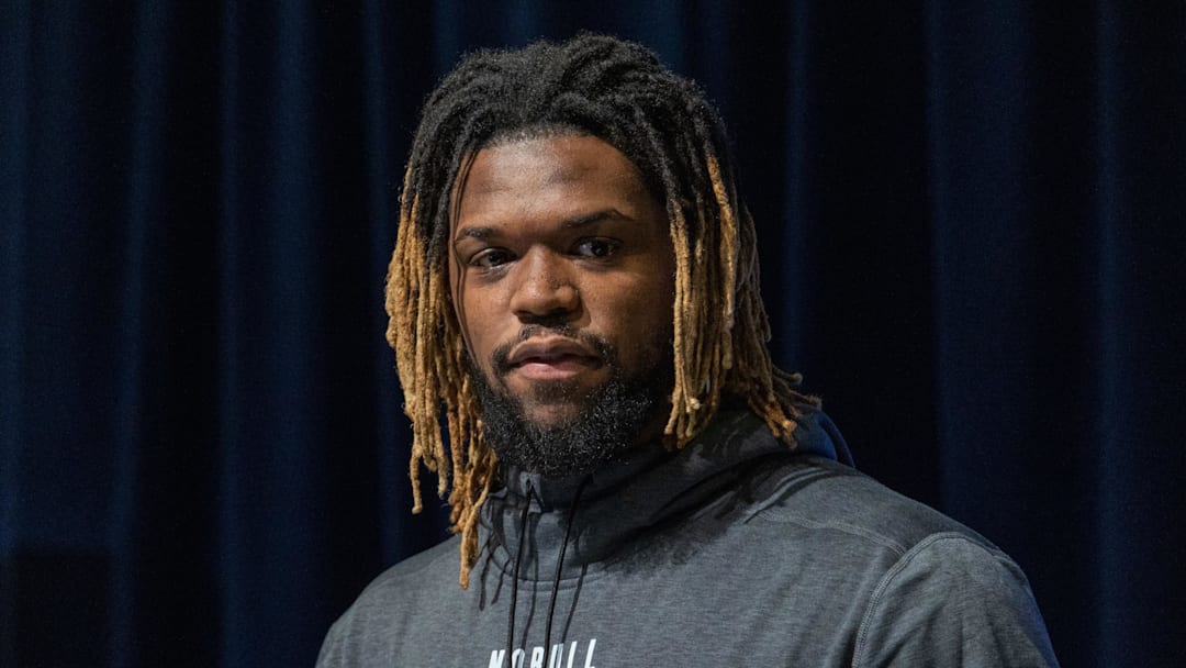 Mar 1, 2023; Indianapolis, IN, USA; South Carolina defensive lineman Zacch Pickens (DL12) speaks to the press at the NFL Combine at Lucas Oil Stadium. Mandatory Credit: Trevor Ruszkowski-Imagn Images