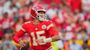 Kansas City Chiefs quarterback Patrick Mahomes (15) passes the ball against the Philadelphia Eagles during the fourth quarter of the game at GEHA Field at Arrowhead Stadium. 