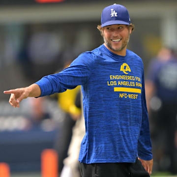 Aug 9, 2025; Inglewood, California, USA;  Los Angeles Rams quarterback Matthew Stafford (9) walks on the field prior to the game against the Dallas Cowboys at SoFi Stadium. Mandatory Credit: Jayne Kamin-Oncea-Imagn Images