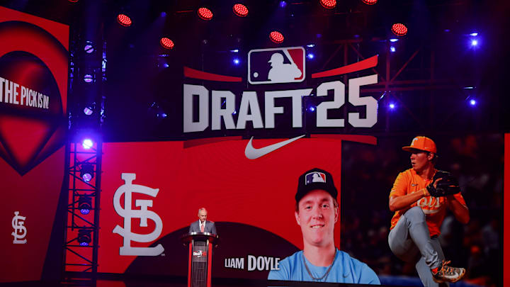 Jul 13, 2025; Atlanta, GA, USA; Liam Doyle is drafted by the St. Louis Cardinals with the fifth pick during the first round of the MLB Draft at The Coca-Cola Roxy. Mandatory Credit: Brett Davis-Imagn Images