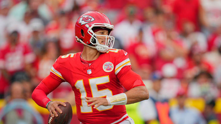 Kansas City Chiefs quarterback Patrick Mahomes (15) passes the ball against the Philadelphia Eagles during the fourth quarter of the game at GEHA Field at Arrowhead Stadium. 