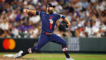 Jul 13, 2021; Denver, Colorado, USA; American League pitcher Andrew Kittredge of the Tampa Bay Rays (36) pitches against the National League during the seventh inning during the 2021 MLB All Star Game at Coors Field. Mandatory Credit: Isaiah J. Downing-Imagn Images