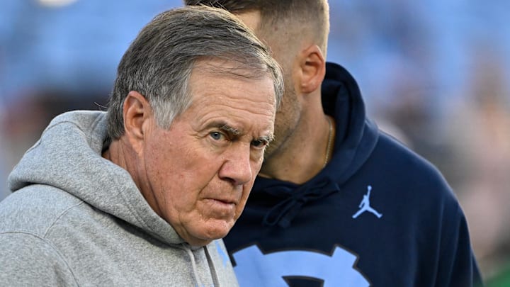 Sep 1, 2025; Chapel Hill, North Carolina, USA;  North Carolina Tar Heels head coach Bill Belichick on the field before the game at Kenan Stadium. Mandatory Credit: Bob Donnan-Imagn Images