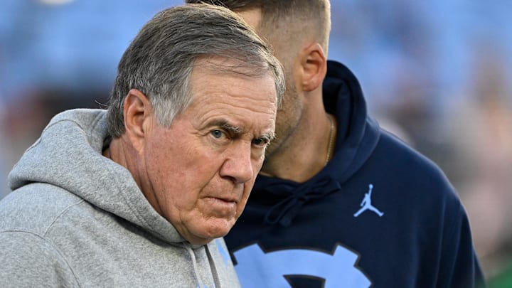 Sep 1, 2025; Chapel Hill, North Carolina, USA;  North Carolina Tar Heels head coach Bill Belichick on the field before the game at Kenan Stadium. Mandatory Credit: Bob Donnan-Imagn Images