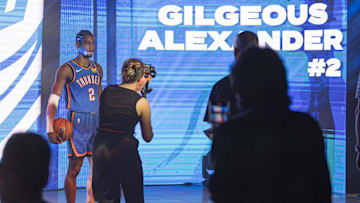 Oct 2, 2023; Oklahoma City, OK, USA; Oklahoma City Thunder guard Shai Gilgeous-Alexander (2) during media day at Oklahoma City Convention Center. Mandatory Credit: Alonzo Adams-Imagn Images