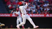 May 10, 2025; Anaheim, California, USA; Los Angeles Angels right fielder Jo Adell (7) hits a solo home run against the Baltimore Orioles during the fourth inning at Angel Stadium. Mandatory Credit: Gary A. Vasquez-Imagn Images