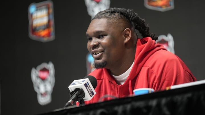 North Carolina State Wolfpack forward DJ Burns Jr. speaks to the media.