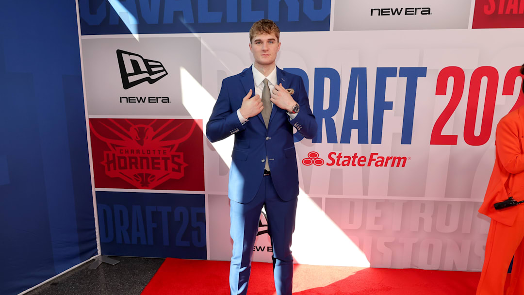 Jun 25, 2025; Brooklyn, NY, USA; Liam McNeeley arrives before the first round of the 2025 NBA Draft at Barclays Center. Mandatory Credit: Brad Penner-Imagn Images