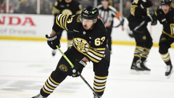 May 17, 2024; Boston, Massachusetts, USA; Boston Bruins left wing Brad Marchand (63) controls the puck during the third period in game six of the second round of the 2024 Stanley Cup Playoffs against the Florida Panthers at TD Garden. Mandatory Credit: Bob DeChiara-USA TODAY Sports