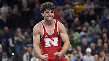 Mar 22, 2025; Philadelphia, PA, USA; Ridge Lovett of the Nebraska Cornhuskers reacts after defeating Caleb Henson of the Virginia Tech Hokies (not pictured) during the Division I Men's Wrestling Championship held at Wells Fargo Center. 