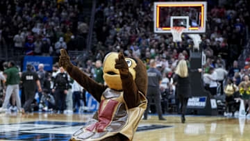 Mar 23, 2025; Seattle, WA, USA; The Maryland mascot celebrates on the court after the game between the Colorado State Rams and the Maryland Terrapins at Climate Pledge Arena. Mandatory Credit: Stephen Brashear-Imagn Images