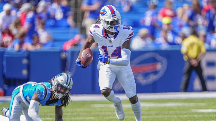 Aug 24, 2024; Orchard Park, New York, USA; Buffalo Bills wide receiver Chase Claypool (14) runs with the ball after making a catch against the Carolina Panthers during the second half at Highmark Stadium. Mandatory Credit: Gregory Fisher-Imagn Images