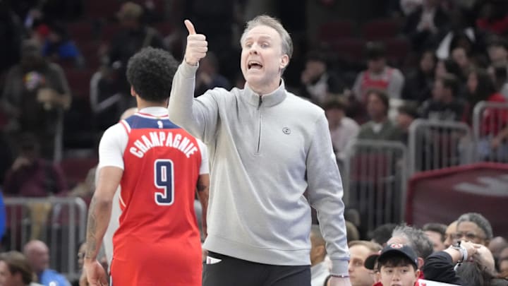 Apr 11, 2025; Chicago, Illinois, USA; Washington Wizards head coach Brian Keefe gestures to his team against the Chicago Bulls during the first quarter at United Center. Mandatory Credit: David Banks-Imagn Images