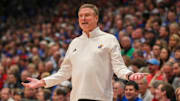 Jan 18, 2025; Lawrence, Kansas, USA; Kansas Jayhawks head coach Bill Self questions a call by the officials during the second half against the Kansas State Wildcats at Allen Fieldhouse. Mandatory Credit: Scott Sewell-Imagn Images