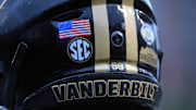 Sep 3, 2022; Nashville, Tennessee, USA; View of the helmet worn by Vanderbilt Commodores defensive end Nicholas Rinaldi (59) before the game against the Elon Phoenix at FirstBank Stadium. Mandatory Credit: Christopher Hanewinckel-Imagn Images