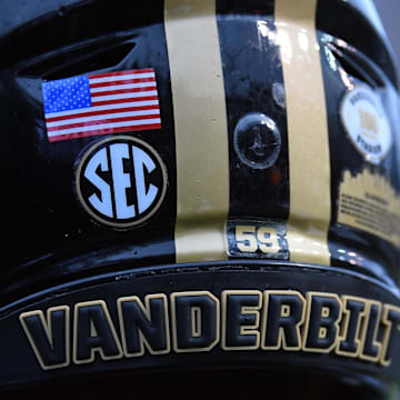 Sep 3, 2022; Nashville, Tennessee, USA; View of the helmet worn by Vanderbilt Commodores defensive end Nicholas Rinaldi (59) before the game against the Elon Phoenix at FirstBank Stadium. Mandatory Credit: Christopher Hanewinckel-Imagn Images