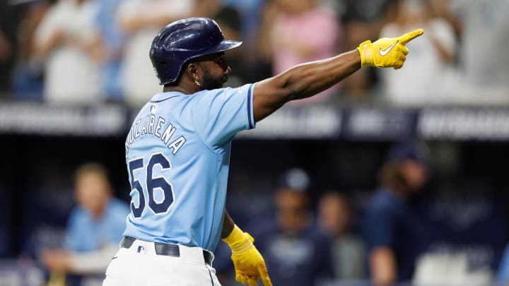 Jun 30, 2024; St. Petersburg, Florida, USA;  -Tampa Bay Rays outfielder Randy Arozarena (56) celebrates after hitting a home run against the Washington Nationals in the seventh inning at Tropicana Field. Mandatory Credit: Nathan Ray Seebeck-USA TODAY Sports