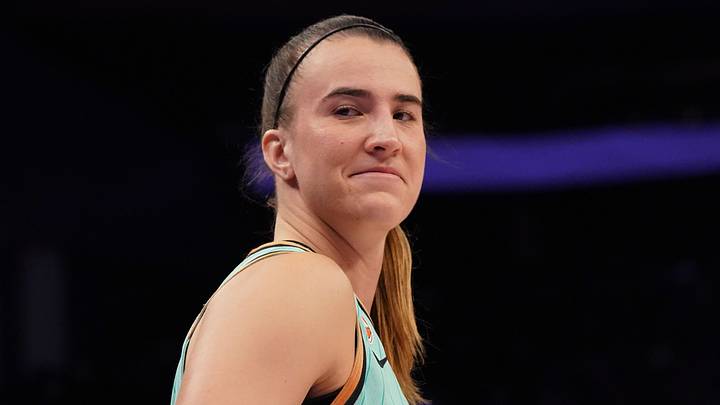 Jun 28, 2026; San Francisco, California, USA;  New York Liberty guard Sabrina Ionescu (20) reacts at a fan during the fourth quarter against the Golden State Valkyries at Chase Center. Mandatory Credit: David Gonzales-Imagn Images