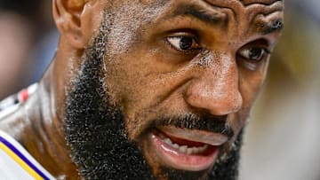Los Angeles Lakers forward LeBron James gets interviewed after a game against the Utah Jazz.