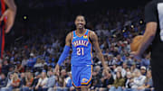 Nov 2, 2025; Oklahoma City, Oklahoma, USA; Oklahoma City Thunder guard Aaron Wiggins (21) during New Orleans Pelicans free-throws during the second quarter at Paycom Center. Mandatory Credit: Alonzo Adams-Imagn Images