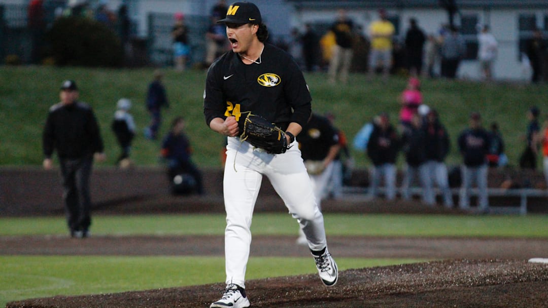 March 24, 2026; O’Fallon, Missouri; Missouri baseball pitcher Keyler Gonzalez (24) celebrates during a game against Illinois at CarShield Field.