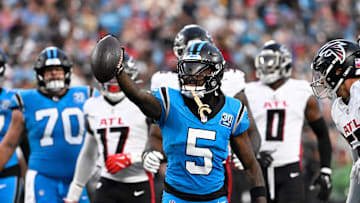 Oct 13, 2024; Charlotte, North Carolina, USA; Carolina Panthers wide receiver Diontae Johnson (5) reacts after making a catch in the second quarter at Bank of America Stadium. Mandatory Credit: Bob Donnan-Imagn Images