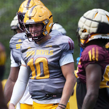 ASU quarterback Sam Leavitt (10) runs a drill as the team holds their first day of practice at Camp Tontozona on Aug. 6, 2025.