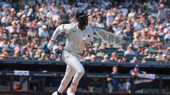 New York Yankees third baseman Jazz Chisholm Jr. (13) singles during the sixth inning against the Texas Rangers at Yankee Stadium on Aug 11.