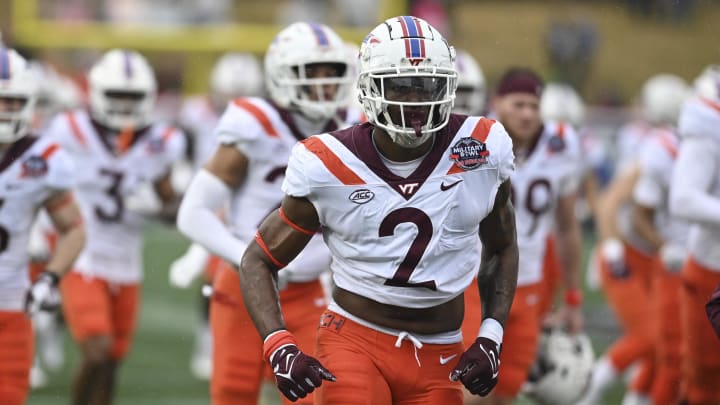 Dec 27, 2023; Annapolis, MD, USA;  Virginia Tech Hokies wide receiver Takye Heath (2) runs off the field before the game against the Tulane Green Wave at Navy-Marine Corps Memorial Stadium. Mandatory Credit: Tommy Gilligan-USA TODAY Sports