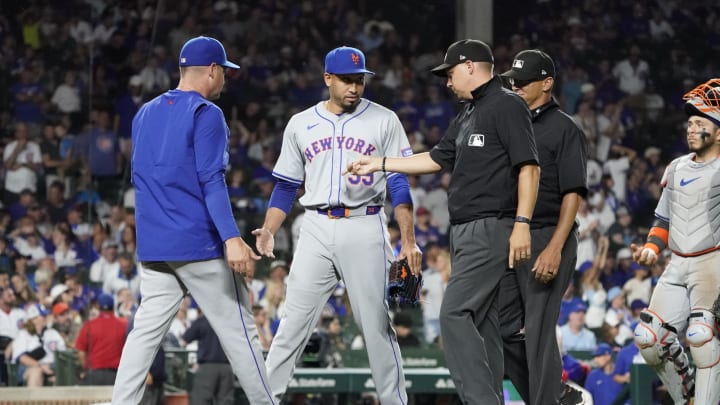 Jun 23, 2024; Chicago, Illinois, USA; New York Mets pitcher Edwin Díaz (39) is ejected during the ninth inning against the Chicago Cubs at Wrigley Field. Mandatory Credit: David Banks-USA TODAY Sports