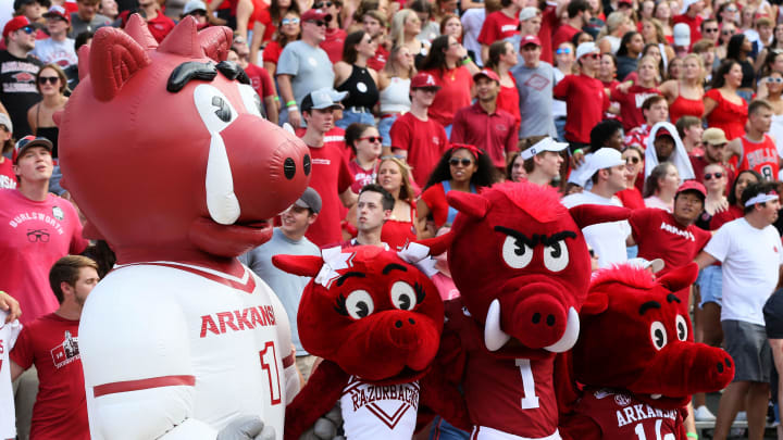 Sep 18, 2021; Fayetteville, Arkansas, USA; Arkansas Razorbacks mascots during the second quarter against the Georgia Southern Eagles at Donald W. Reynolds Razorback Stadium. Mandatory Credit: Nelson Chenault-USA TODAY Sports