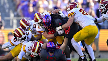 Nov 8, 2025; Fort Worth, Texas, USA; TCU Horned Frogs running back Kevorian Barnes (2) is gang tackled by the Iowa State Cyclones defense during the first half at Amon G. Carter Stadium. Mandatory Credit: Jerome Miron-Imagn Images