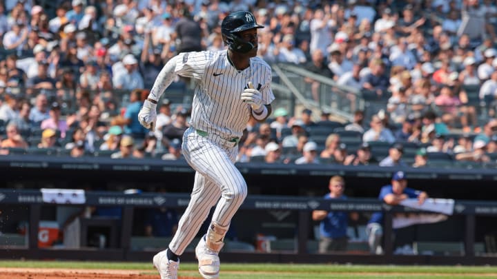 Aug 11, 2024; Bronx, New York, USA; New York Yankees third baseman Jazz Chisholm Jr. (13) singles during the sixth inning against the Texas Rangers at Yankee Stadium. Mandatory Credit: Vincent Carchietta-USA TODAY Sports