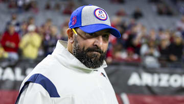 Dec 12, 2022; Glendale, Arizona, USA; New England Patriots offensive line coach Matt Patricia against the Arizona Cardinals at State Farm Stadium. Mandatory Credit: Mark J. Rebilas-Imagn Images