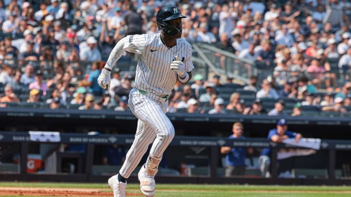 Aug 11, 2024; Bronx, New York, USA; New York Yankees third baseman Jazz Chisholm Jr. (13) singles during the sixth inning against the Texas Rangers at Yankee Stadium. Mandatory Credit: Vincent Carchietta-USA TODAY Sports