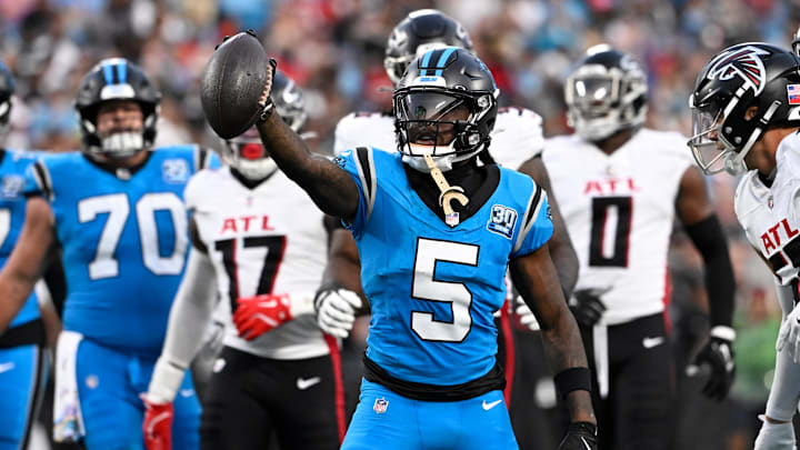 Carolina Panthers wide receiver Diontae Johnson reacts after making a catch in the second quarter against the Atlanta Falcons. 