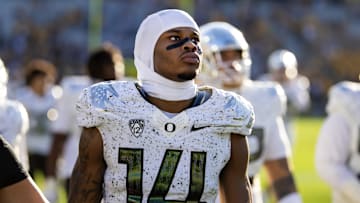 Nov 18, 2023; Tempe, Arizona, USA; Oregon Ducks defensive back Khamari Terrell (14) against the Arizona State Sun Devils at Mountain America Stadium.