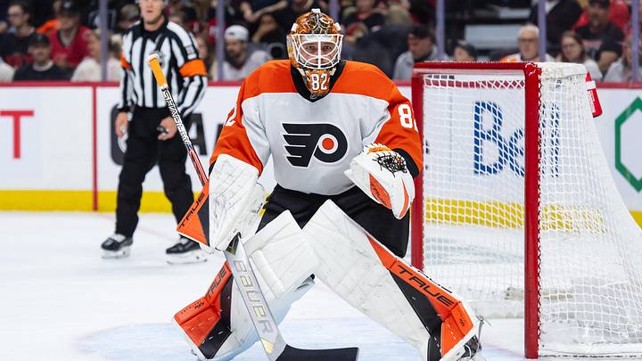Apr 13, 2025; Ottawa, Ontario, CAN; Philadelphia Flyers goalie Ivan Fedotov (82) follows the puck in the first period against the Ottawa Senators at the Canadian Tire Centre. Mandatory Credit: Marc DesRosiers-Imagn Images