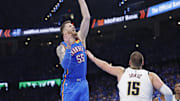 May 18, 2025; Oklahoma City, Oklahoma, USA; Oklahoma City Thunder center Isaiah Hartenstein (55) shoots over Denver Nuggets center Nikola Jokic (15) in the second half of game seven of the second round for the 2025 NBA Playoffs at Paycom Center. Mandatory Credit: Alonzo Adams-Imagn Images