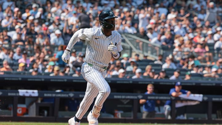 Aug 11, 2024; Bronx, New York, USA; New York Yankees third baseman Jazz Chisholm Jr. (13) singles during the sixth inning against the Texas Rangers at Yankee Stadium. Mandatory Credit: Vincent Carchietta-USA TODAY Sports