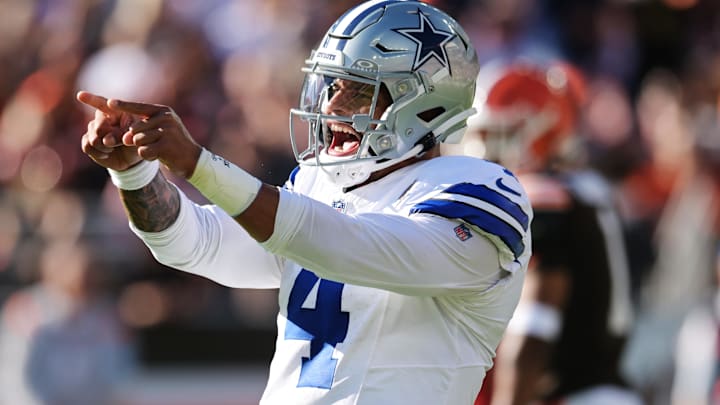 Sep 8, 2024; Cleveland, Ohio, USA; Dallas Cowboys quarterback Dak Prescott (4) celebrates after a touchdown during the first half against the Cleveland Browns at Huntington Bank Field. 