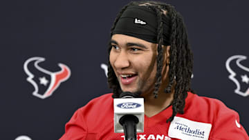 Houston Texans quarterback C.J. Stroud speaks at a press conference after an NFL football minicamp at NRG Stadium. 